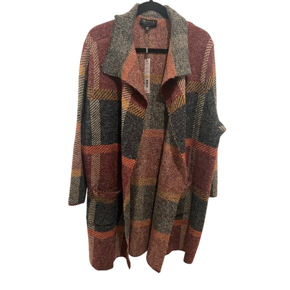 Jospeh A Soft And Warm Burgundy Plaid Cardigan Coatigan Duster With Pockets 2X - Picture 1 of 2